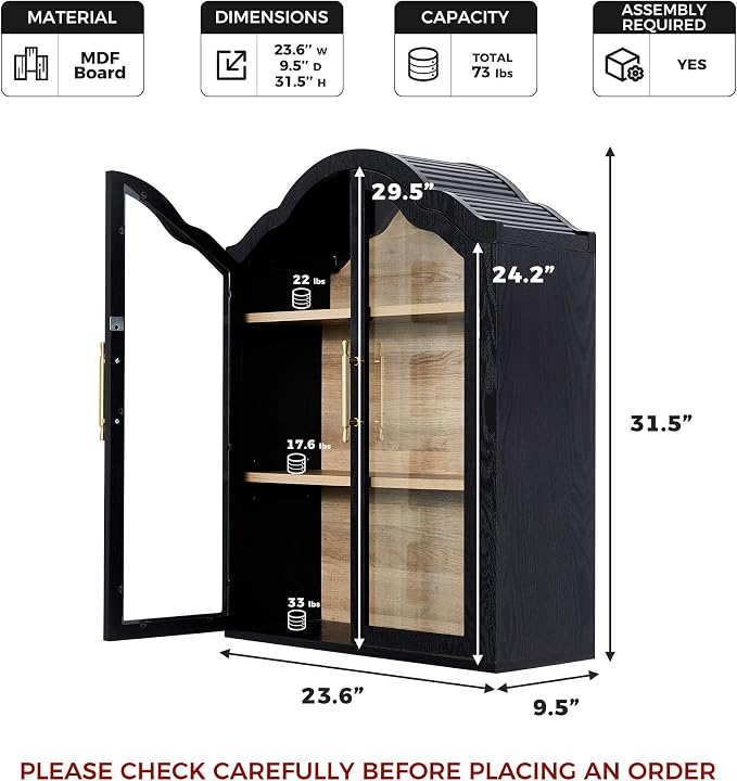FIMELLO 23.6’’W Wave Design Arched Wall Cabinet, Bathroom Cabinet with Glass Doors Adjustable Shelf, Above Toilet Cabinet, Kitchen Wall Cabinet, Wall Bookshelf, Black Grain