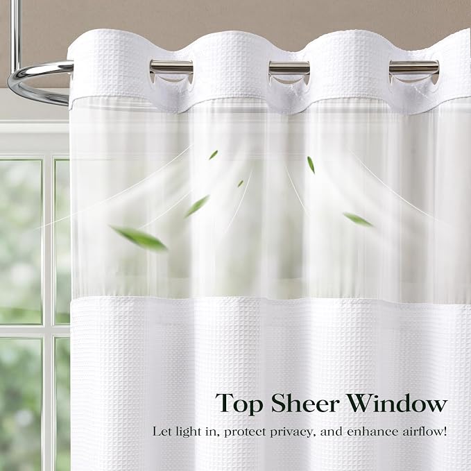 White Hook Free Waffle Shower Curtain & Snap-in Fabric Liner,72x87 | Less Time to install, 3 in 1 Fabric Shower Curtain and Liner Set with Magnets, Extra Long, Shower Curtains for Bathroom