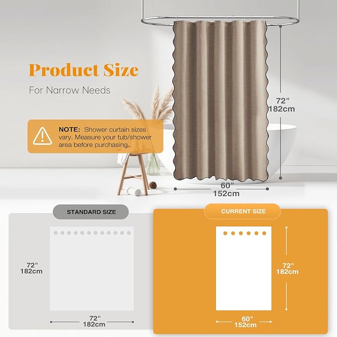 60x72 Boho Scalloped Linen Textured Cloth Shower Curtain, Tan/Taupe | Narrow Size, 230GSM Waterproof Polyester, Heavy Duty Fabric, 10 Plastic Hooks, Chic Modern Farmhouse Style, Machine Washable