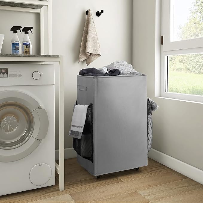 Chrislley Rolling Laundry Basket, 90L Foldable Laundry Hamper with Wheels | Collapsible Clothes Hamper Organizer with Breathable Side Pocket, Laundry Storage Cart for College Student, School Dorm,Grey