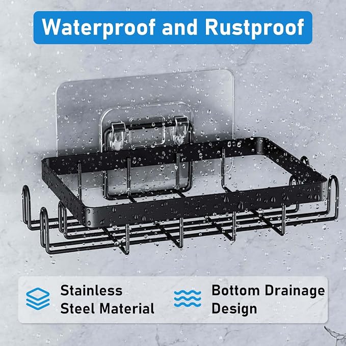 2 Pack Soap Holder with 4 Hooks for Shower, No-Drilling Soap Dish | Waterproof Stainless Steel Bar Soap for Bathroom Bathtub Kitchen Sink - Black