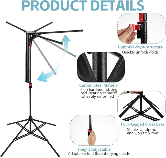 Foldable Clothes Drying Rack, 6 Rod Umbrella Style Height Adjustable Carbon Steel Laundry Stand with 40 Windproof Hooks, Collapsible Space Saving Tripod Garment Dryer for Indoor Backyard Outdoor