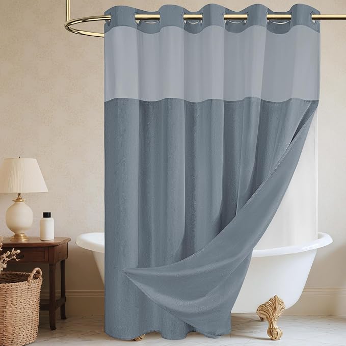 WONICY No Hook Shower Curtain with Liner, Gray Blue, 71 x 74 Inch | Ringless, Waterproof & Washable, Hotel Style, Mesh Top Window, Bottom Magnets, Thick, Farmhouse, for Bathroom