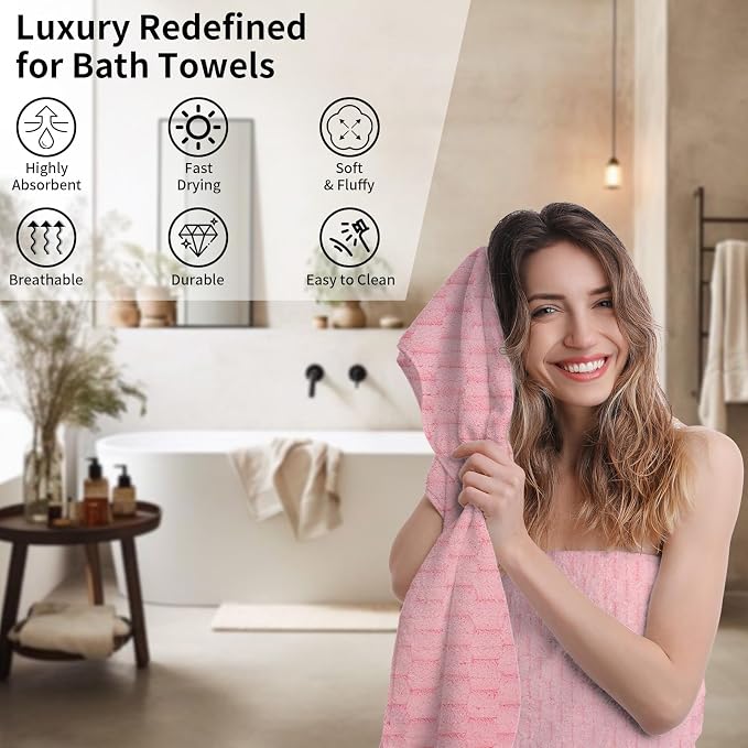 Bath Towel Large,55 x 27 Inches,Ultra Soft and Breathable Bathroom Towel, Lint-Free, Quick Dry,Skin-Friendly and Lightweight,Perfect for Bathroom, Shower, Gym and Beach (4, Pink)