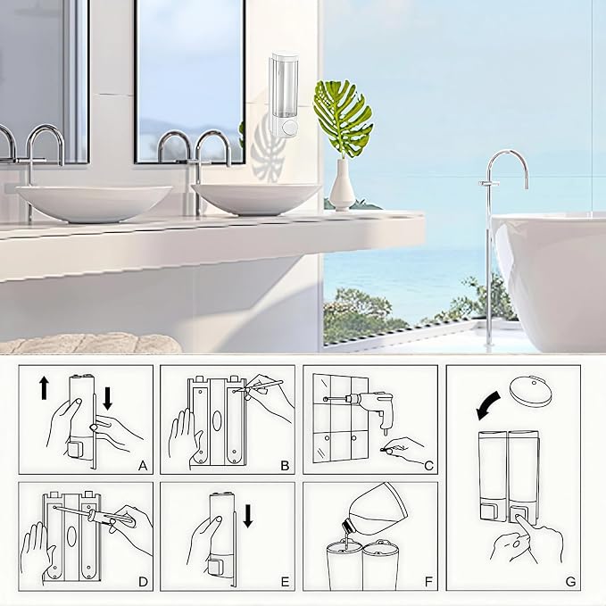 10oz/300ml Single Manual Wall Mounted Soap Dispenser, White | Bathroom Shampoo and Conditioner Dispenser, Clear Plastic Refillable Liquid Lotion Pump Dispenser and Organizer