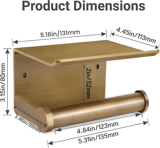 Antique Bronze Toilet Paper Holder Wall Mount with Shelf - No Drill 3M Adhesive or Screw Mount Bathroom Tissue Paper Dispenser-Aluminum Storage Rack for Phone, Wipes, Soap-Modern Bathroom Organizer