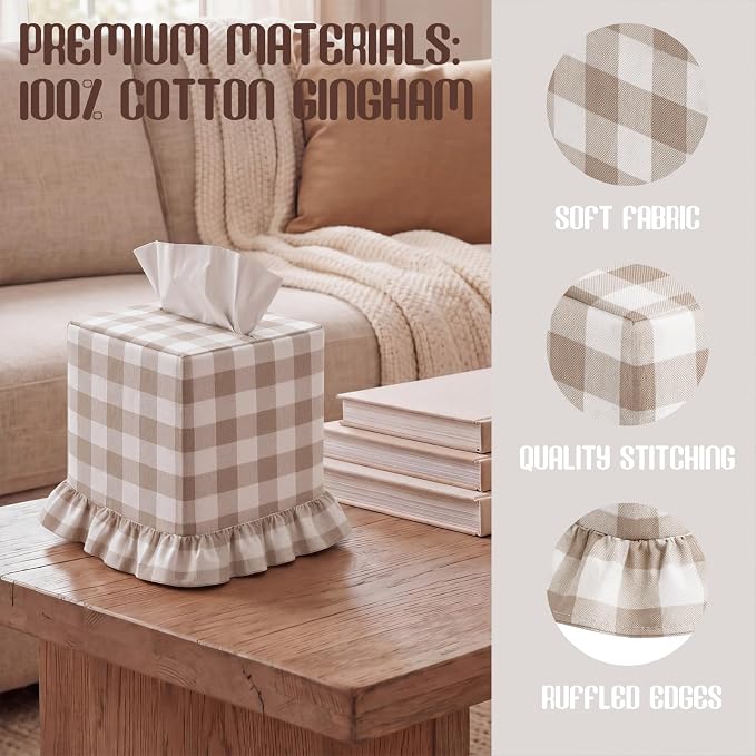Brown Gingham Tissue Box with Ruffled Cover Cottagecore Handmade Decorative Gingham Napkin Holder for Home Bedroom Living Room Bathroom Vanity Countertop Car Office Kitchen