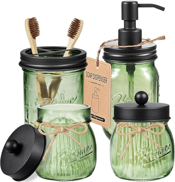 Amolliar 4PCS Bathroom Accessories Set, Green Glass Organizer Sets, Black | Lotion Soap Dispenser, Toothbrush Holder, 2 Qtip Holders, Rustic Farmhouse Decor for Countertop, Vanity, Bathroom Essentials