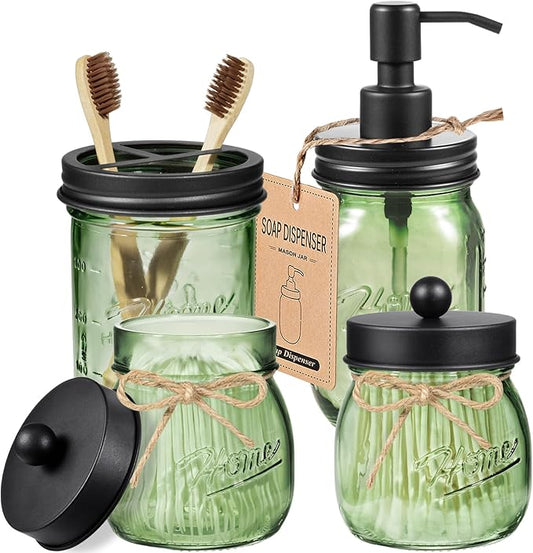 Amolliar 4PCS Bathroom Accessories Set, Green Glass Organizer Sets, Black | Lotion Soap Dispenser, Toothbrush Holder, 2 Qtip Holders, Rustic Farmhouse Decor for Countertop, Vanity, Bathroom Essentials