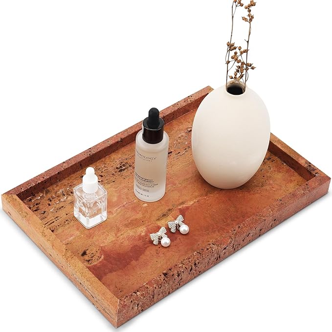 Real Natural Marble Tray for Bathroom, Vanity, Kitchen Counter & Desktop | Rectangle Genuine Stone Marble for Home Decor - Ideal for Jewelry, Cosmetics, Candles, Lotion & Perfume Display