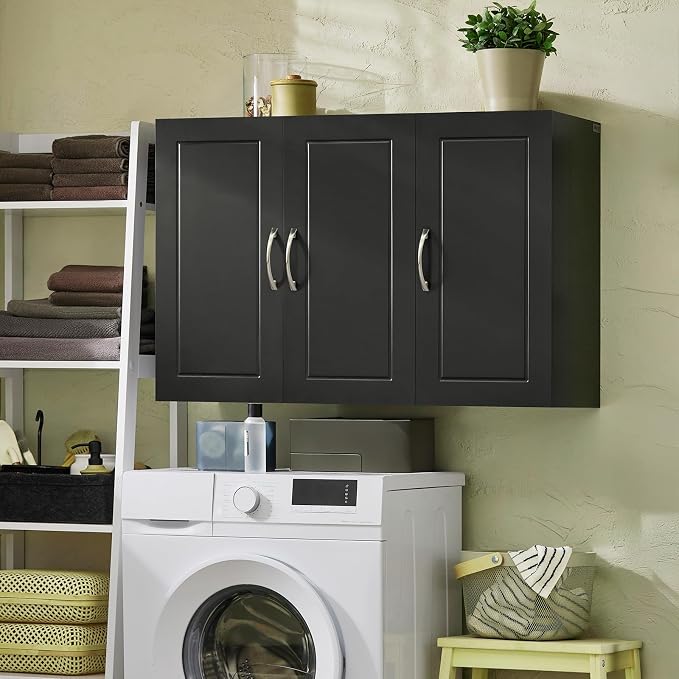 3-Door Wall Mount Bathroom & Laundry Cabinet, Wall Size, Black | 3-Door Wall Storage Cabinet With Adjustable Shelves, Over Toilet/Washer MDF Medicine Cabinet, HUS-FRG231-L
