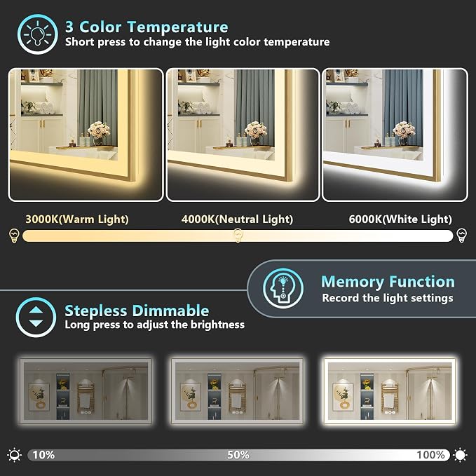 96x36 Gold LED Bathroom Mirror, Backlit & Front Lit Lighted Mirror | Brushed Gold Framed, Anti-Fog Vanity Mirror with Lights, 3 Color Dimmable, Memory, HD Tempered Glass, CRI95, Wall Mounted