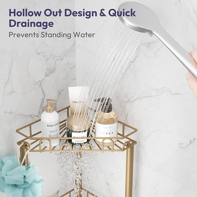 SWTYMIKI Standing Shower Caddy Corner - 3‑Tier Stainless Steel Shower Organizer Shelf with 12 Hooks and Adhesive Pads, Rustproof Corner Shelves Stand Rack for Bathroom Shower Room, Gold
