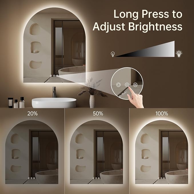 30"x36" Arched LED Lighted Bathroom Mirror with Lights | Fogless, Dimmable, Shatterproof, Touch Sensor, 3 Color Changing