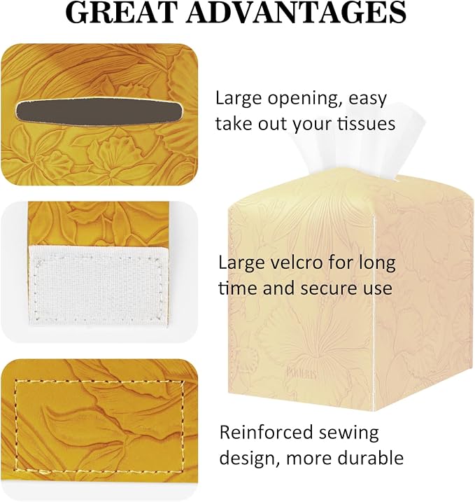 Square Tissue Cube Cover PU Leather Tissue Organizer with Bottom Belt for Bathroom, Tabletop, Kitchen, Night Stands, Office, Home, Car (RetroYellow)