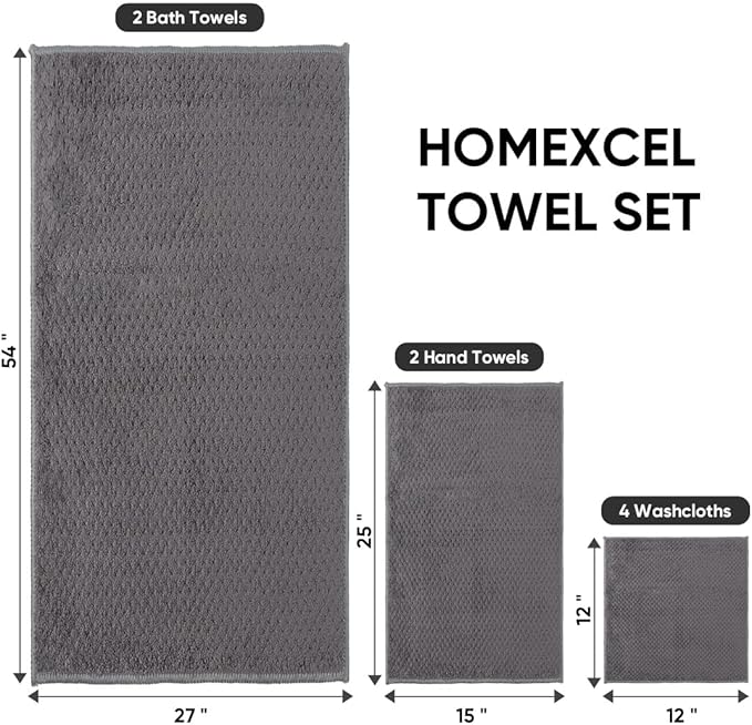 HOMEXCEL 8PK Bath Towel Set, Soft Absorbent, 2 Bath, 2 Hand, 4 Wash, Grey | Light Weight, Quick Drying Towel Set for Bathroom, Gym, Hotel, SPA, Sport, Yoga, Fitness