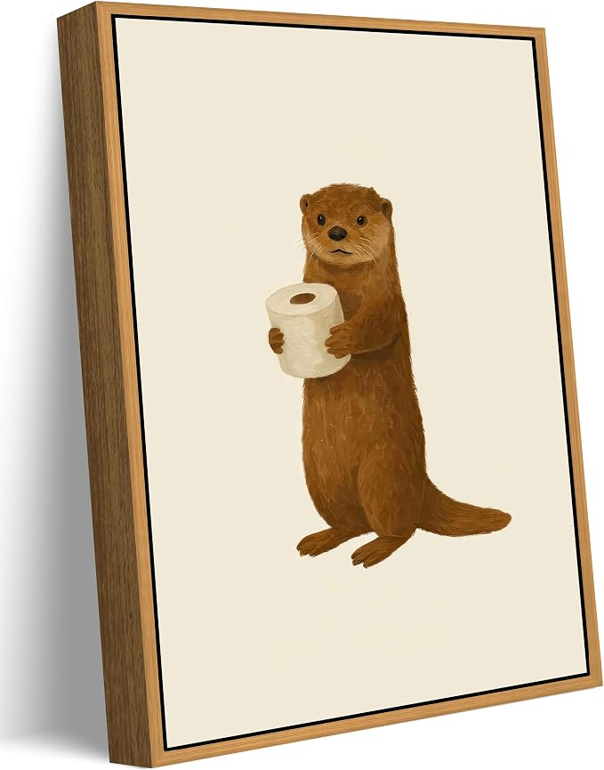 Floating Framed Funny Bathroom Otter Canvas Wall Art Cute Otter Painting Picture Wall Decor Humor Bathroom Animal Poster Print Artwork for Washroom Bathroom Toilet Home Decoration 16x24in