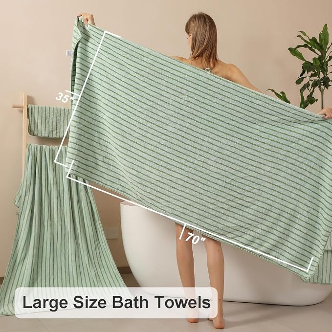 4 Pcs Green Cabana Stripe Large Bath Sheets Soft Microfiber Bathroom Towels | Fluffy oversized towel with hang loops absorbent quilck dry easy replacement family dorm sets for home beach pool gym yoga