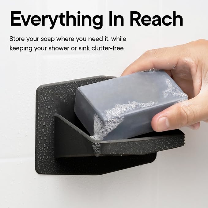 TOOLETRIES The Benjamin Soap Holder for Shower - Charcoal | Draining silicone soap holder with a reusable adhesive mount to keep soap dry and organised.