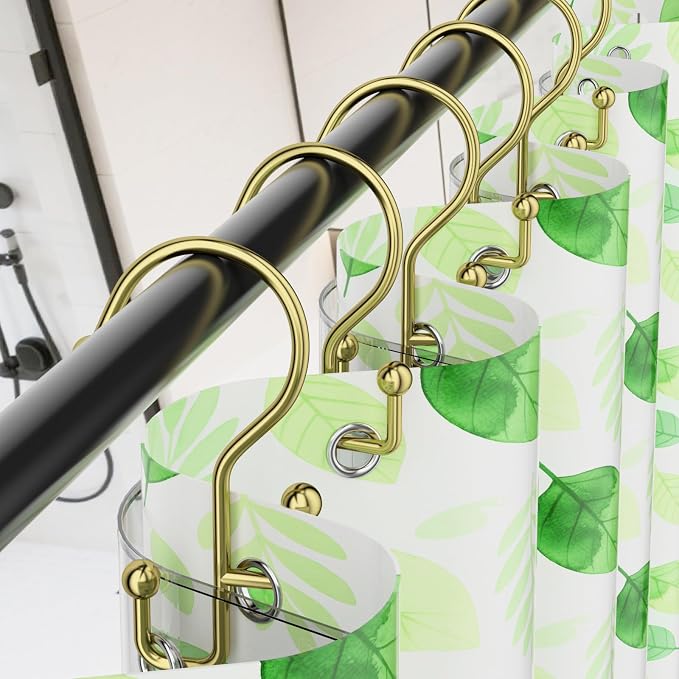 Shower Curtain Hooks, Gold Shower Curtain Hooks Rust Proof, Anti-Drop Metal Shower Curtain Rings Hooks, Double Shower Hooks for Shower Curtain, Shower Rings for Curtain & Liner, Gold-12 Pcs