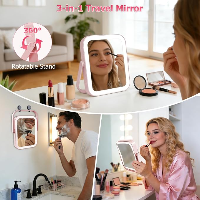 FUNTOUCH 3000mAh Rechargeable Travel Magnifying Mirror with Light, Pink | 2-Sided 30X Magnifying travel makeup mirror with 3-Color Lighting, Dimmable Touch Screen,Compact Vanity Mirror for Women Gift