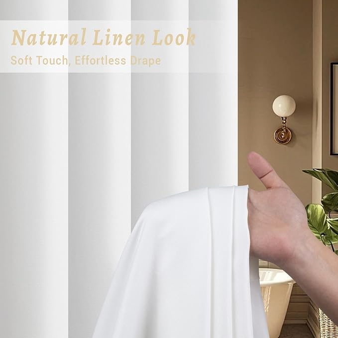 WONICY No Hook Linen Look Shower Curtain with Snap-in Liner, White, 71 x 74 | Ringless, Waterproof & Washable, Hotel Style, Mesh Top Window, Bottom Magnets, Thick, Farmhouse, for Bathroom