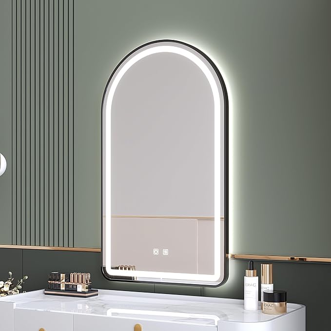 Arched Bathroom Mirror 30"x40", Black, LED Tempered Glass | arch led bathroom mirror black wall mounted vanity lighted tempered glass dimmable anti fog metal frame