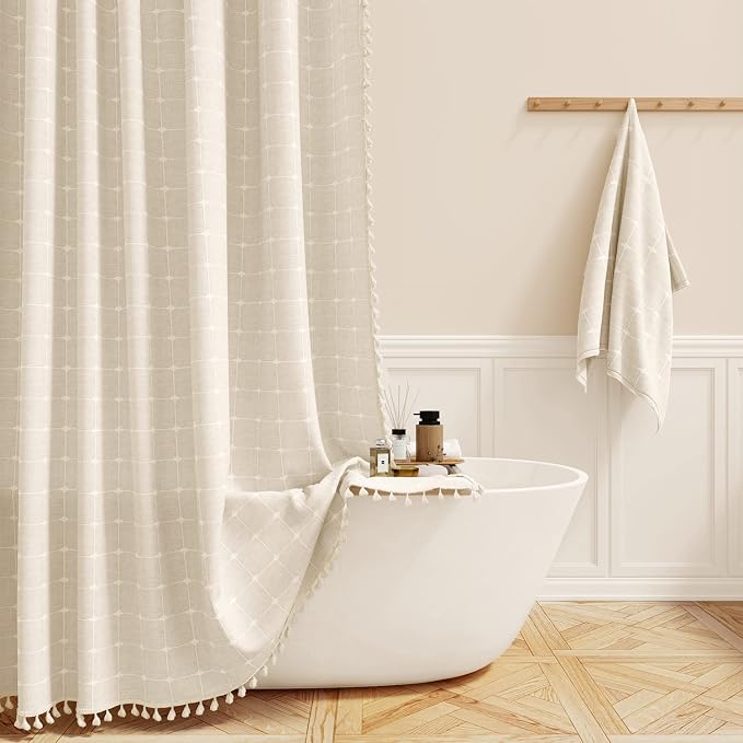 54x72 Boho Farmhouse Linen Heavy Duty Shower Curtain Set, Cream/Beige | Small Size, 330GSM Linen Blend, 3-side Tassels, Water Repellent Fabric, 10 Plastic Hooks, Rustic Bohemian, Machine Washable