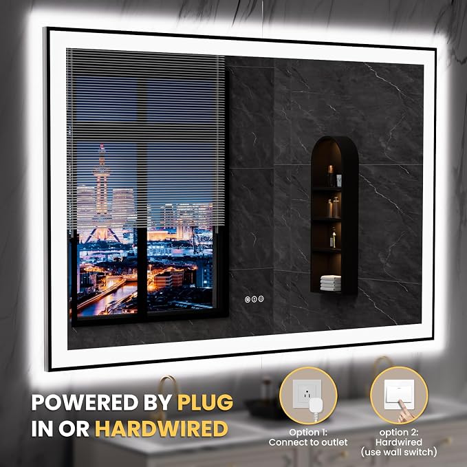 LOAAO 60"X40" LED Bathroom Mirror Black Framed | Anti-Fog, Dimmable, Memory Function, Tempered Glass, Lighted Vanity Mirror for Wall