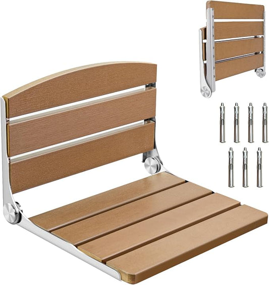Foldable Shower Chair, 16" Folding Shower Seat Wall Mounted, Brown | Safety Furniture Stainless Steel for Elderly, Fold Down Shower Bench for Inside Shower, Pregnants-Maximum Load 400lb