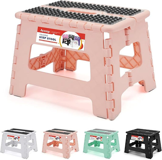 9 Inch Folding Step Stool 300 LB Capacity Non Slip Foot Stool with Handle Plastic Foldable Step Stools for Kids Stepping Stool for Bathroom Black Small Step Stool (1 PC Pink) | Heavy Duty Foldable Stools, Lightweight, Holds 300 lb, for Toddler Kitchen ...