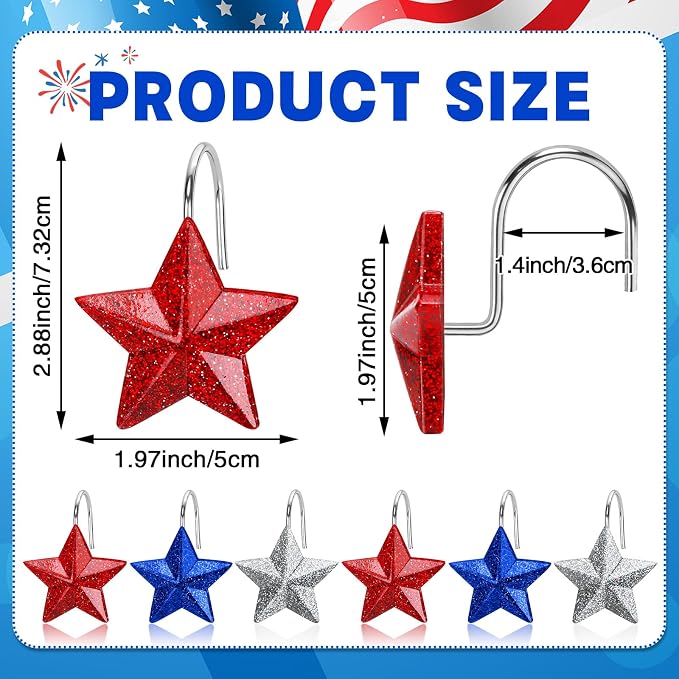 12 Pack Star Shower Curtain Hooks Patriotic Red White Blue Hangers | Resin and Rustproof Stainless Steel, Glide Smoothly Without Scratching Rods, Glitter Star Patriotic Festive Decor