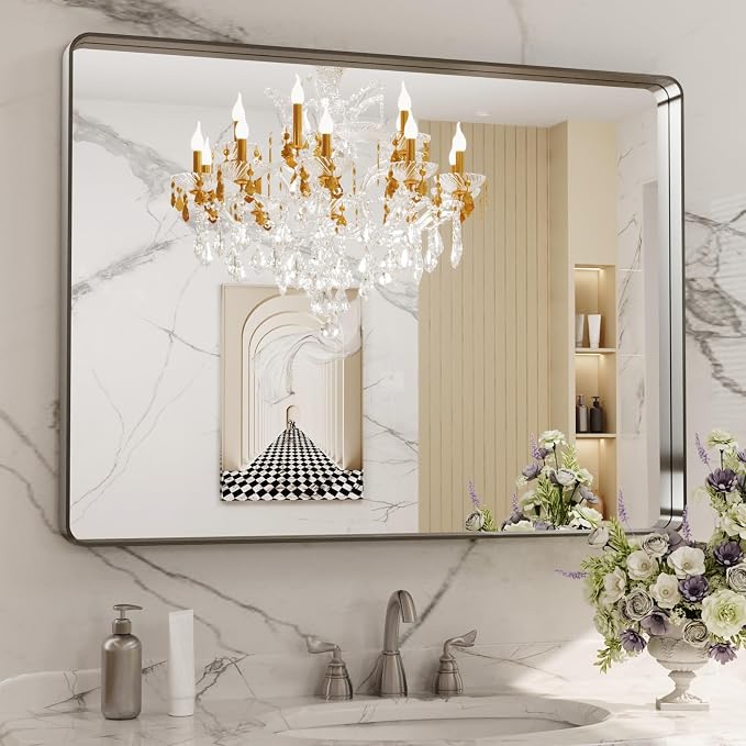 LOAAO 40X32 Inch Brushed Nickel Bathroom Mirror | Rounded Rectangle, Silver Metal Frame, Anti-Rust, Shatter Proof, Hangs Horizontally or Vertically