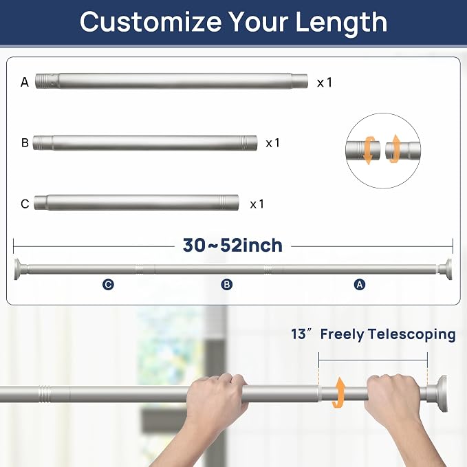 ENJOYBASICS 1" Nickel Shower Curtain Rod, 30-52" Adjustable, Secure Tension | Easy No-Drill Installation, No Tools, No Gaps, Sturdy Rust-Resistant Steel, Sag-Resistant Design, Tubs, RVs, Apartments