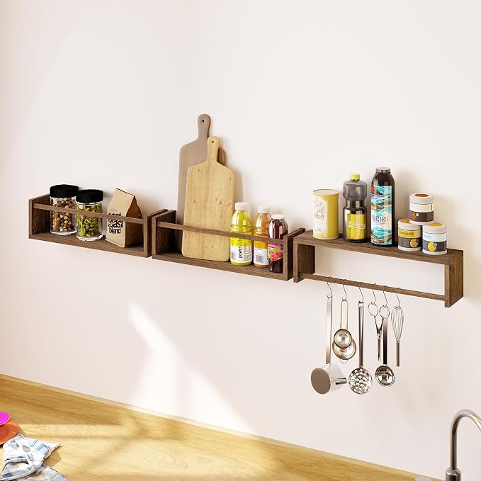 Fixwal Floating Nursery Book Shelves for Wall, 16.5in, Set of 3, Brown | Solid wood shelves store kids' books, toys and clothing. Fits kids' room, playroom, nursery, living room, bedroom & bathroom.