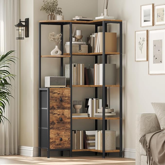Corner Bookshelf, 5-Tier L-Shaped Bookcase with 3 Fabric Drawers, Storage Display Shelf, Freestanding Tall Open Shelf, for Living Room, Bedroom, Home Office, Rustic Brown SJ12BR