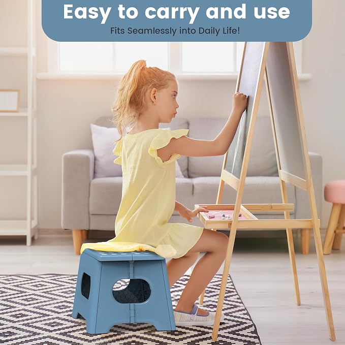 HBTower Folding Step Stool 9 Inch, 600 LBS Capacity with Safety Lock, Blue | Compact Step Stool Foldable for Kids & Adults, Portable Carry Handle, Collapsible Foot Stool, Kitchen, Bathroom & Outdoor