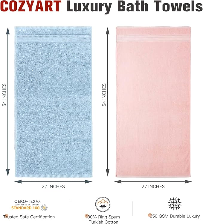 COZYART Luxury Bath Towels 4 PCS, 650 GSM Turkish Cotton, Pink+Light Blue | 27x54, Zero Twist 100% Ring Spun Cotton, Fluffy, Ultra Soft, Super Absorbent, Quick Dry Towels for Hotel Spa Bathroom Shower