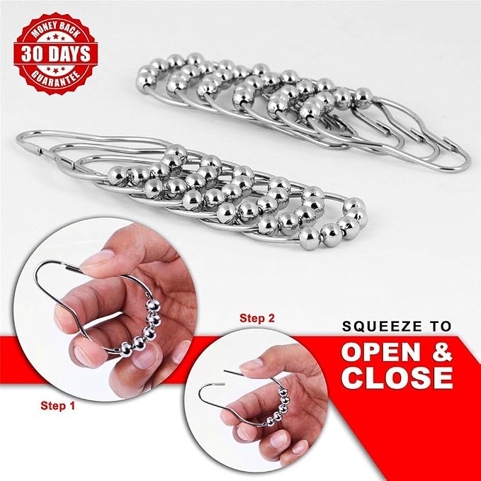 Premium Shower Curtain Rings Set of 12, Rust-Resistant Stainless Steel Hooks with Smooth Glide Roller Balls, Heavy-Duty Secure Closing, Chrome