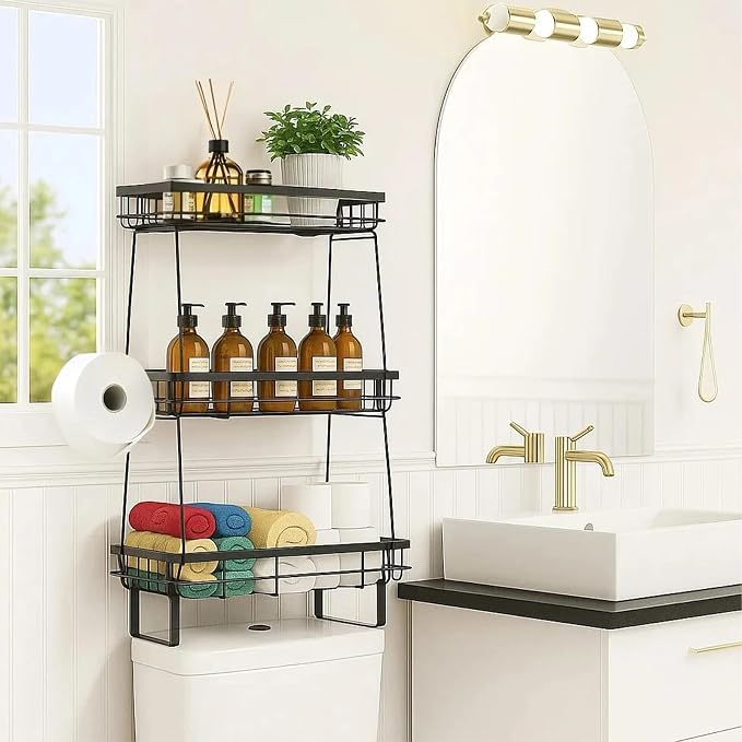ShellKingdom Over The Toilet Storage Shelf, 3 Tier Toilet Paper Holder Rack | Punch-Free Bathroom Storage Rack with 2 Hooks, Small Space Organizers for Bathroom, Home, Black