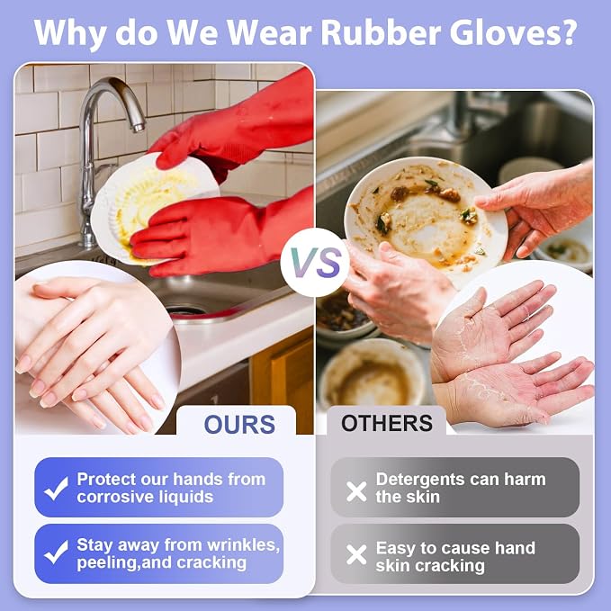 Rubber Kitchen Dishwashing Gloves - 4 Pairs Colorful Reusable Cleaning Gloves for Kitchen Washing Dishes and Household Cleaning(Large, Yellow+Red)