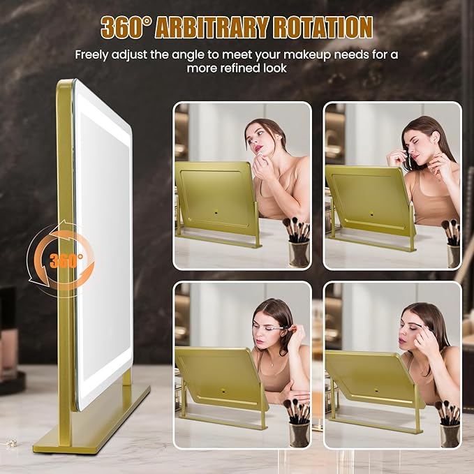 Vanity Mirror with Lights 22"×17", Large LED Makeup Mirror with Light, Smart Touch with 3-Color Lighting, Dimmable, 360° Rotation, HD Desk Mirror, Vanity Mirror Tabletop (Gold)