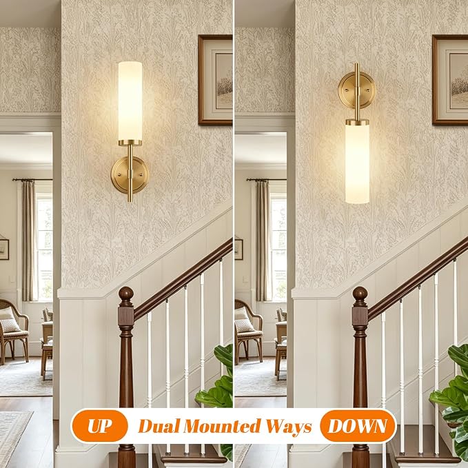 [Hardwired] Wall Sconces Set of Two, Brushed Gold Bathroom Sconces with Milky White Glass, Modern Wall Light Fixtures for Bathroom Mirror Vanity, Living Room, Hallway, Stairway, Cabinet, Foyer