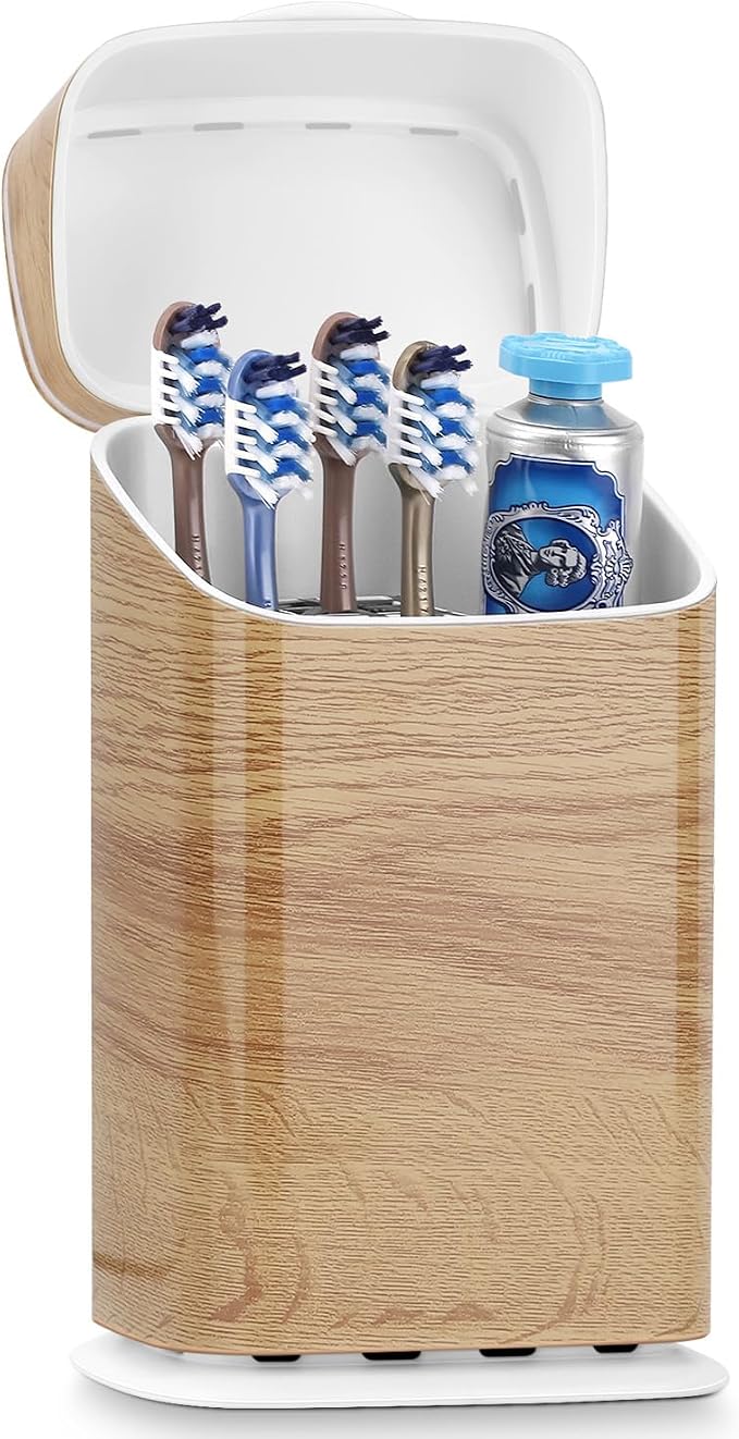 GFWARE Wood Bathroom Toothbrush Holder with Cover, Ventilated & Drainage | 5 Slots Bathroom Toothbrush & Toothpaste Organizer, Keeps Brush Heads Upright for Toothbrushes Under 7.5 Inches, Wood-Look