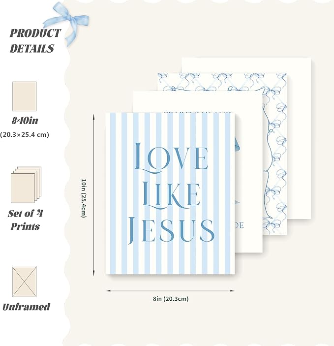 LARTSFRO Coquette Blue Bow Jesus Wall Art Decor Posters, Light Blue Bow Christian Room Bathroom Bedroom Dorm Wall Art Decor Aesthetic for College Teen Girls Gifts, Inspirational Bible Verses Bow Wall Decor, 10x8 Inch Set of 4 Bow Pictures(UNFRAMED)