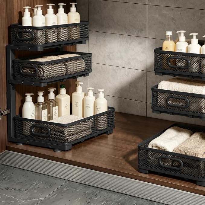 1 Pack 3 Tier Under Sink Organizer, Height Adjustable Heavy Duty Metal Under Cabinet Drawer Pull Out Shelf with Smooth Silent Sliding Design, Organizer and Storag Rack for Kitchen, Bathroom, Black
