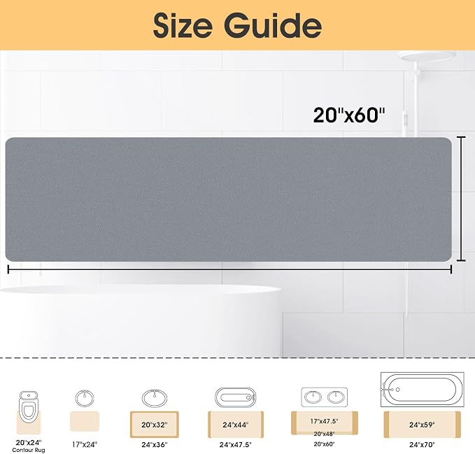 Non Slip Bath Mat, Thin Bathroom Rugs Fit Under Door, Quick Dry Bath Mats, Machine Washable Bath Rugs for Bathroom, Bathtub & Kitchen, Bathtub & Kitchen, Grey/Solid/59 x20