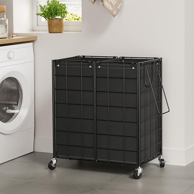 WOWLIVE Double Laundry Hamper with Wheels, Metal Rolling Laundry Basket | Wire Frame Hamper with 2 Removable Bags, 120L Dirty Clothes Hamper Organizer Dorm Room Storage for Bedroom, Black