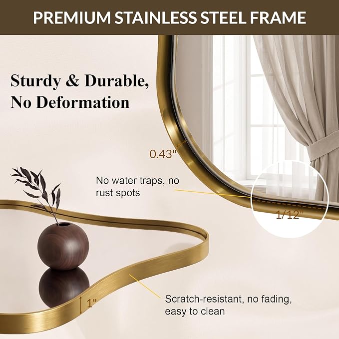 Gold Mirror, 24x36 Scalloped Bathroom Mirror, Brushed Gold Wavy Mirror with Anti-Rust Stainless Steel Frame, Unique Rectangle Mirror with Squiggly Design, Wall Mounted Horizontal/Vertical