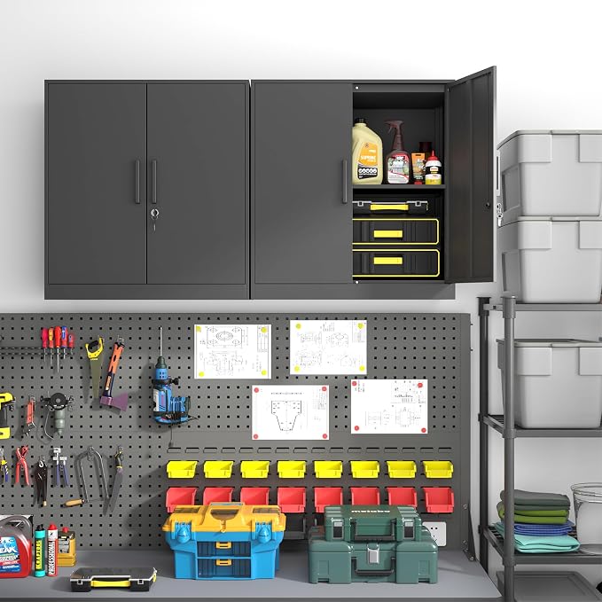 Metal Wall Cabinet,28" H Wall Mounted Storage Cabinets with 2 Doors,Lockable Steel Utility Cabinet for Garage,Workshop,Office (Black)